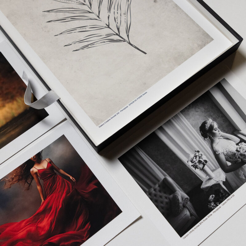 Prøveprint-eksempler på kunstpapir og lerret i A4, A3+ og A2