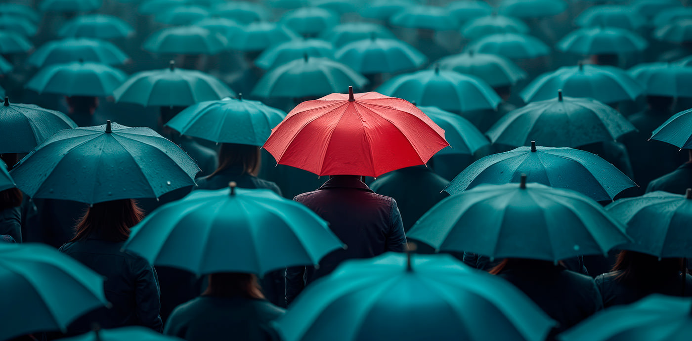 Mennesker som går med fargerike paraplyer, der én paraply skiller seg ut – illustrasjon av fargekontroll og presise valg.